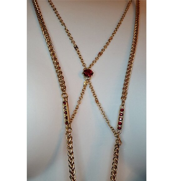 Long gold tone tassel necklace ruby red statement - Picture 3 of 3